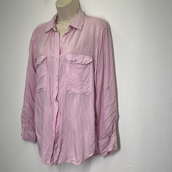 Anthropologie - Maeve Pink And White Stripe Button Down Lightweight Blouse SZ XS - Picture 5 of 9